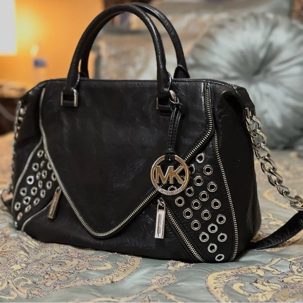 Michael Kors Odette Grommet Large Black Satchel with Silver Accents